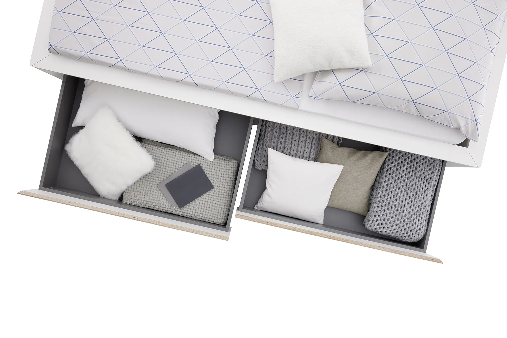 SPAZE storage bed — both drawers open with pillows and blankets