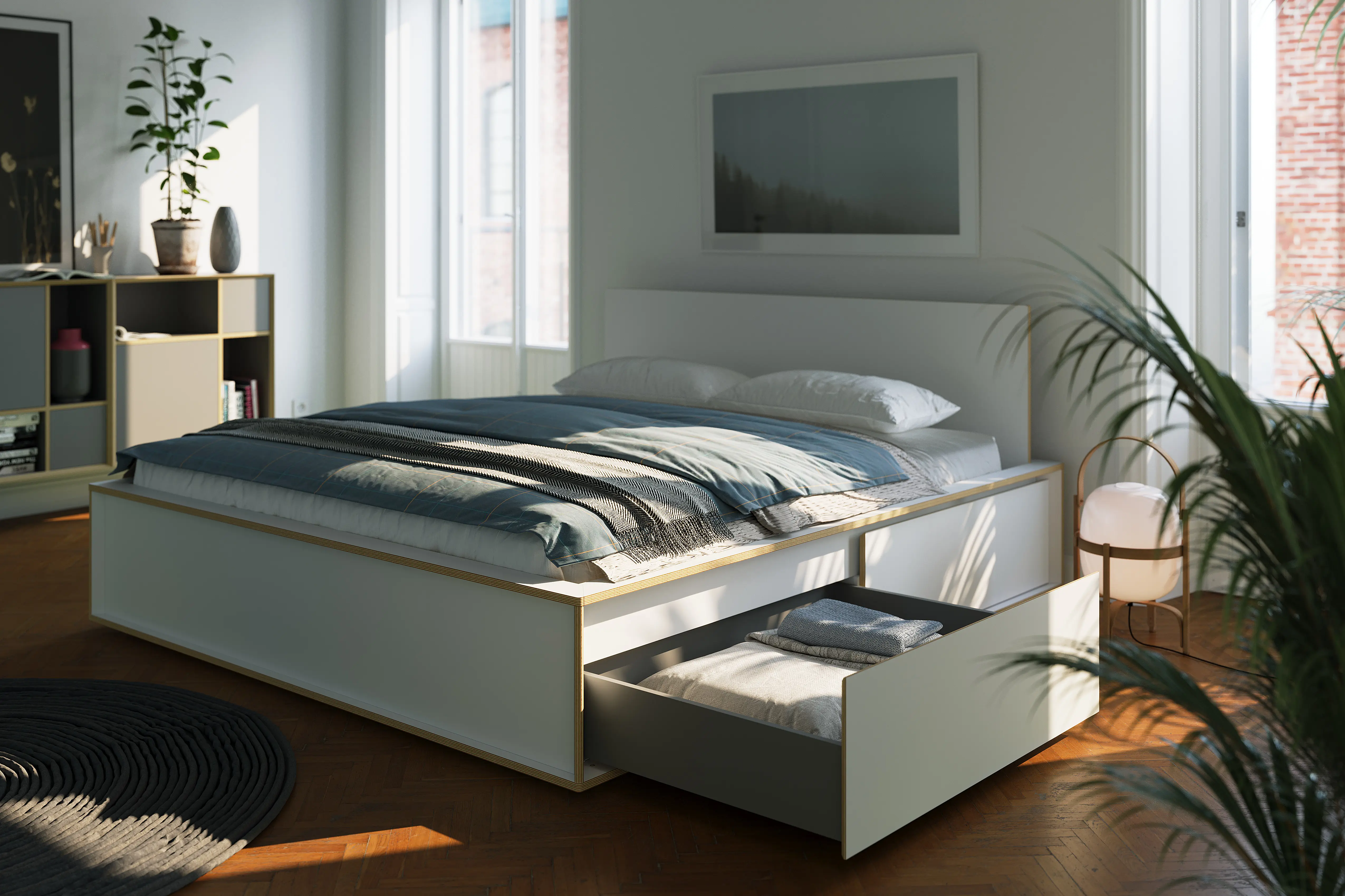 SPAZE bed white with wooden headboard and open drawers in a bright bedroom