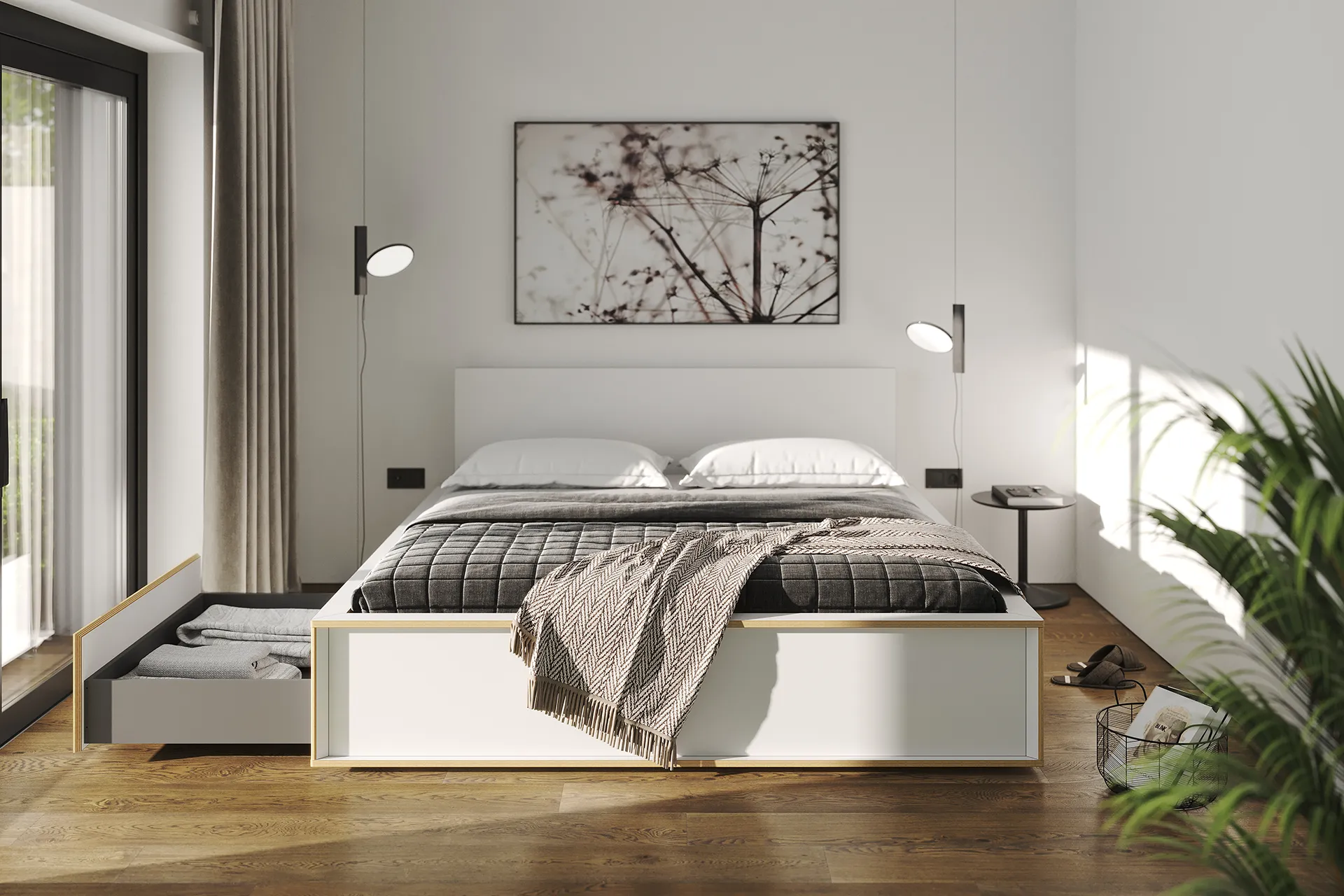 SPAZE bed white with wooden headboard and open drawer in a bright bedroom