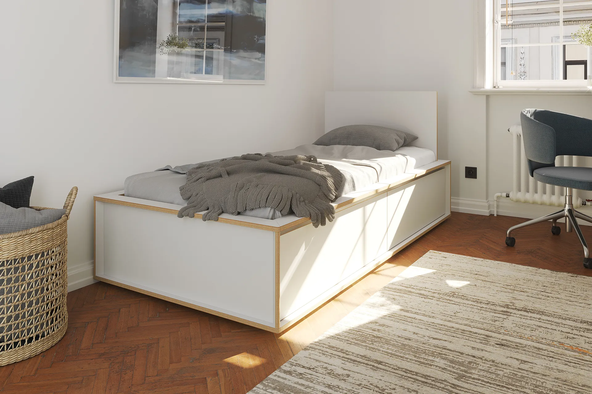 SPAZE storage bed white with wooden headboard in a teen room