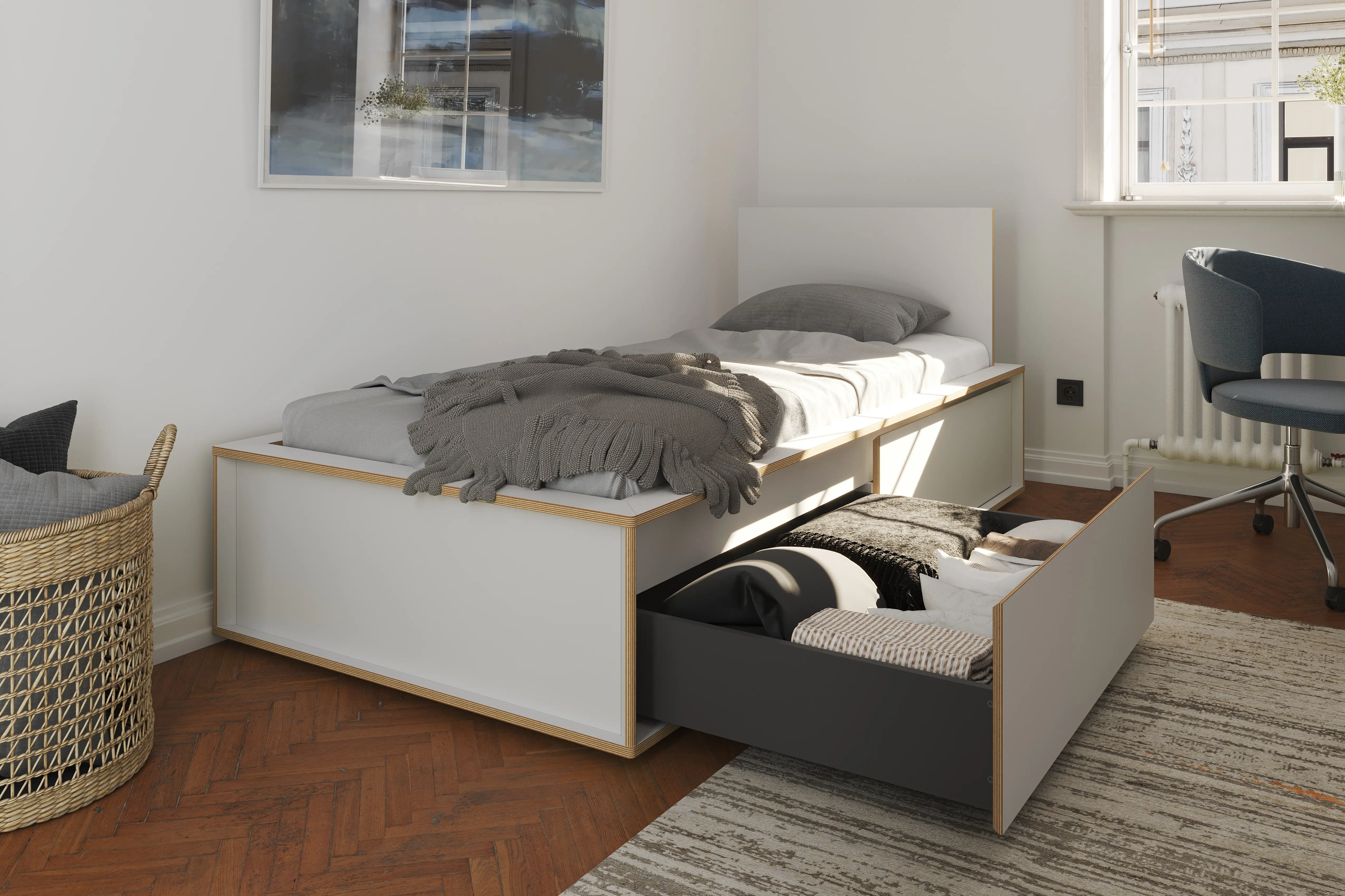 SPAZE single bed white with wooden headboard and open drawer