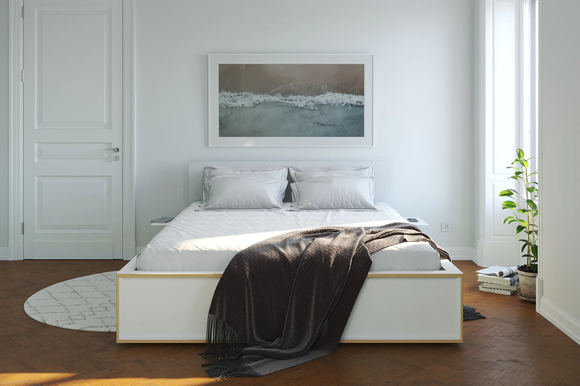 SPAZE Bett 180x200 cm weiß mit Holzkopfteil und Nachttischablagen – Stauraumbett von Müller Möbelwerkstätten